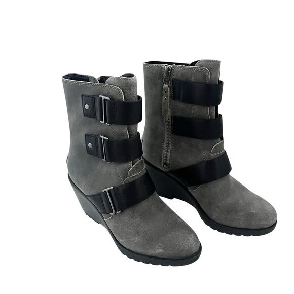Sorel After Hours Wedge Moto Bootie Gray Suede Black Straps Sz 6 Gorpcore Chic - Picture 5 of 10